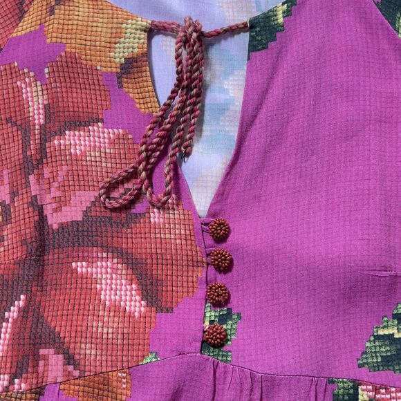 Farm Rio Tiered Midi Dress Womens Sz P (Small) Pink Floral Puff Sleeve - Picture 8 of 11